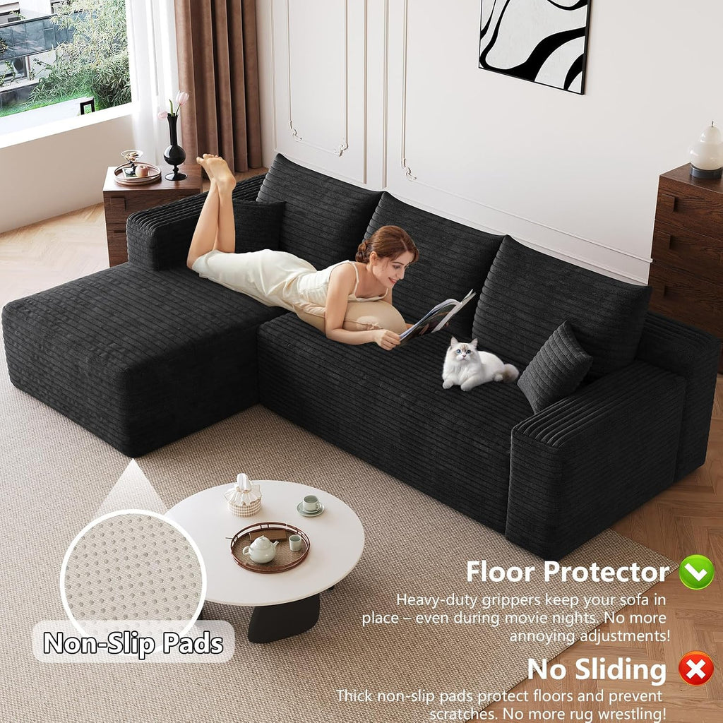 95' Modular Sectional Sofa, Modern Corduroy Cloud Couch with Side Pockets, Boneless Couch Upholstered 3-Seater L-Shaped Sofa for Living Room, No Assembly Required (Black,Left-Facing Chaise)