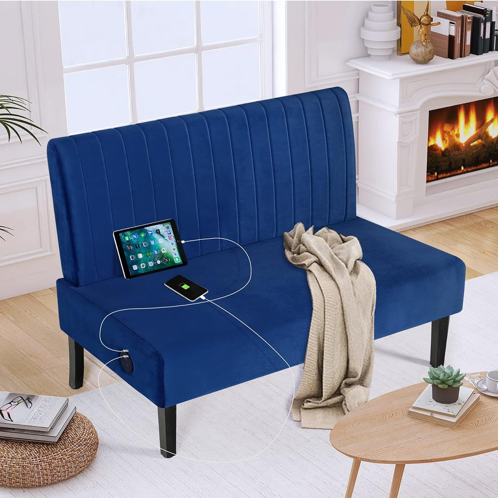 STHOUYN Mini Comfy Couch Armless Loveseat Sofa with USB Port, Velvet Couches for Small Spaces Living Room, Apartment Office Dorm (Navy Blue)