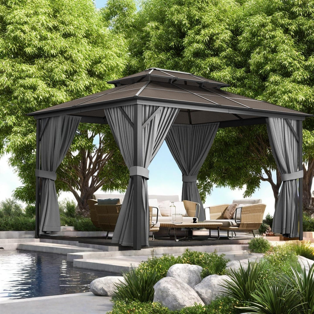 10'x12' Hardtop Gazebo - Heavy Duty Galvanized Steel Frame with Double Roof, Includes Netting & Curtains for Patio/Backyard (Gray)