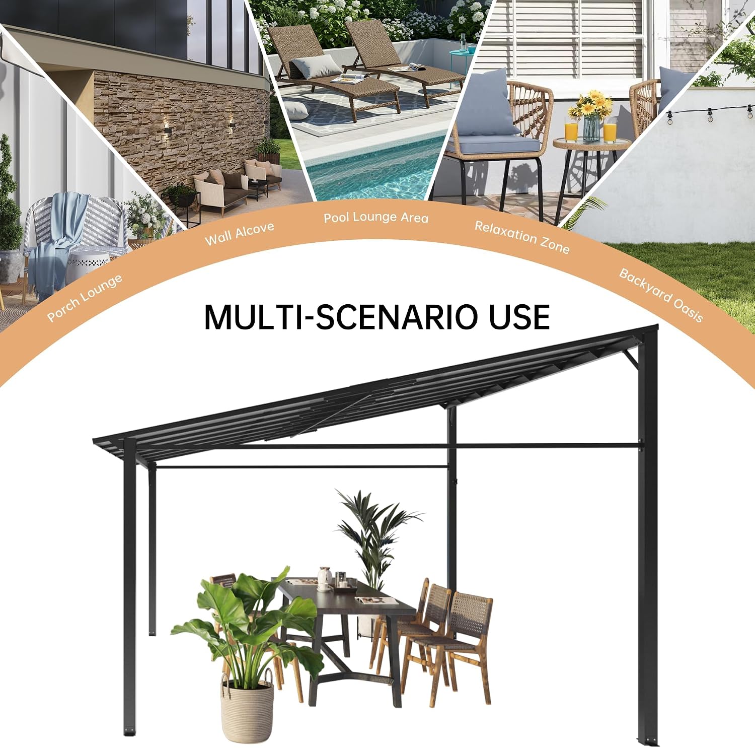 12' x 14' Hard Top Gazebo with Metal Frame, Sloped Roof Wall Mounted Pergola for Patio Deck Backyard, Outdoor Pergolas and Gazebos