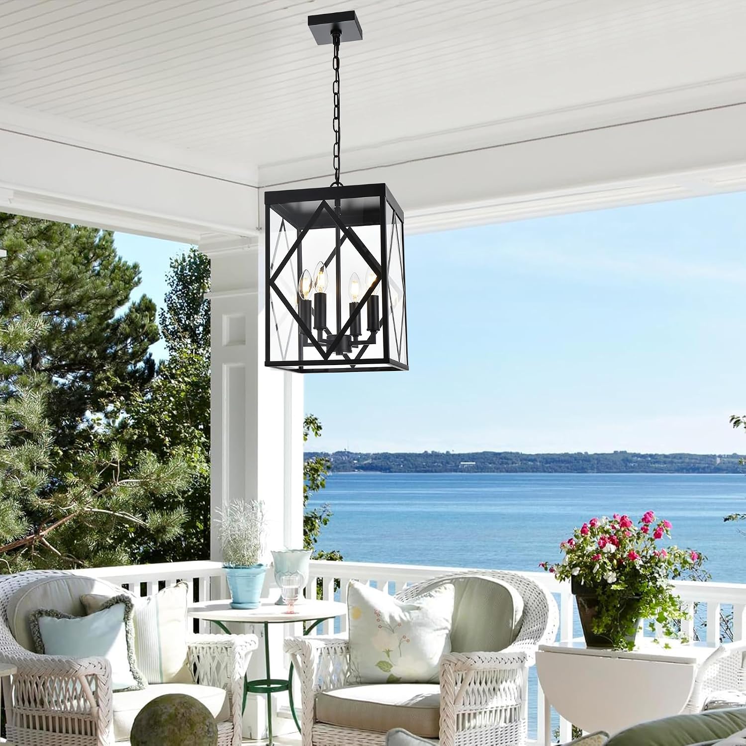 Outdoor Pendant Light 4 Lights Modern Outside Chandelier Outdoor Hanging Lantern Light with Clear Glass, Matte Black Exterior Pendant Lighting Fixture for Porch, Yard, Gazebo