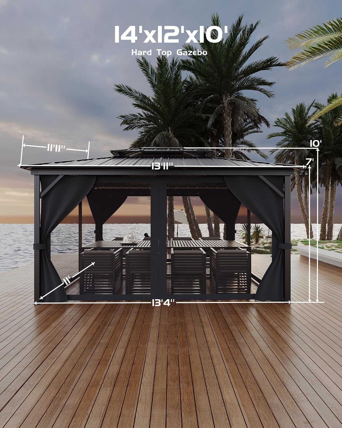 12'x14' Hardtop Gazebo - Heavy Duty Galvanized Steel Frame with Double Roof, Includes Netting & Curtains for Patio/Backyard (Gray)
