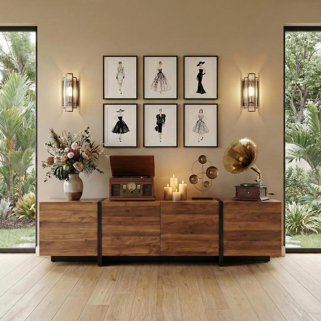 holzart 67 Inch TV Stand for TVs up to 70 Inch, Mid Century Modern Wood Media Console with 4 Storage Doors, Entertainment Center TV Cabinet Sideboard for Living Room Bedroom, Walnut Brown