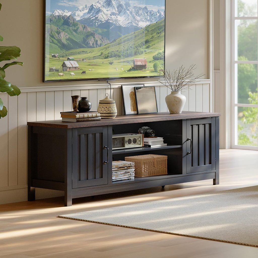 ChooChoo 54' Farmhouse TV Stand for TVs up to 65 inches, Entertainment Center with Storage Cabinets, Open Shelves and Fluted Door, TV Console Table for Living Room, Bedroom, Black