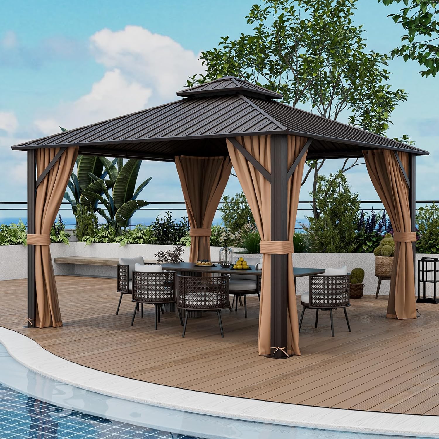 Tangkula 12x12 FT Hardtop Gazebo, Patio Gazebo with Galvanized Steel Double Roof & Aluminum Frame, Permanent Pavilion Outdoor Gazebo with Netting & Curtains for Patio, Garden, Lawn, Backyard, Deck
