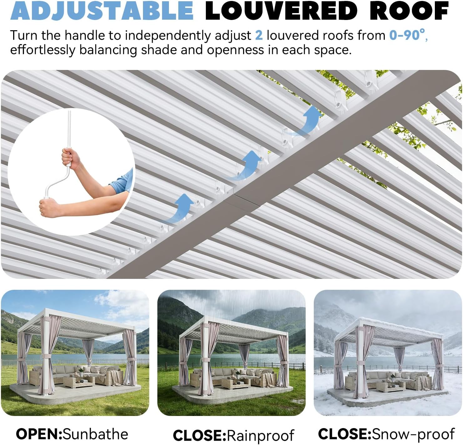 MELLCOM Louvered Pergola 10x12, Outdoor Rustproof Shelter with Adjustable Roof, Steel Aluminum Gazebo with Waterproof Curtains and Netting for Patio Deck, White