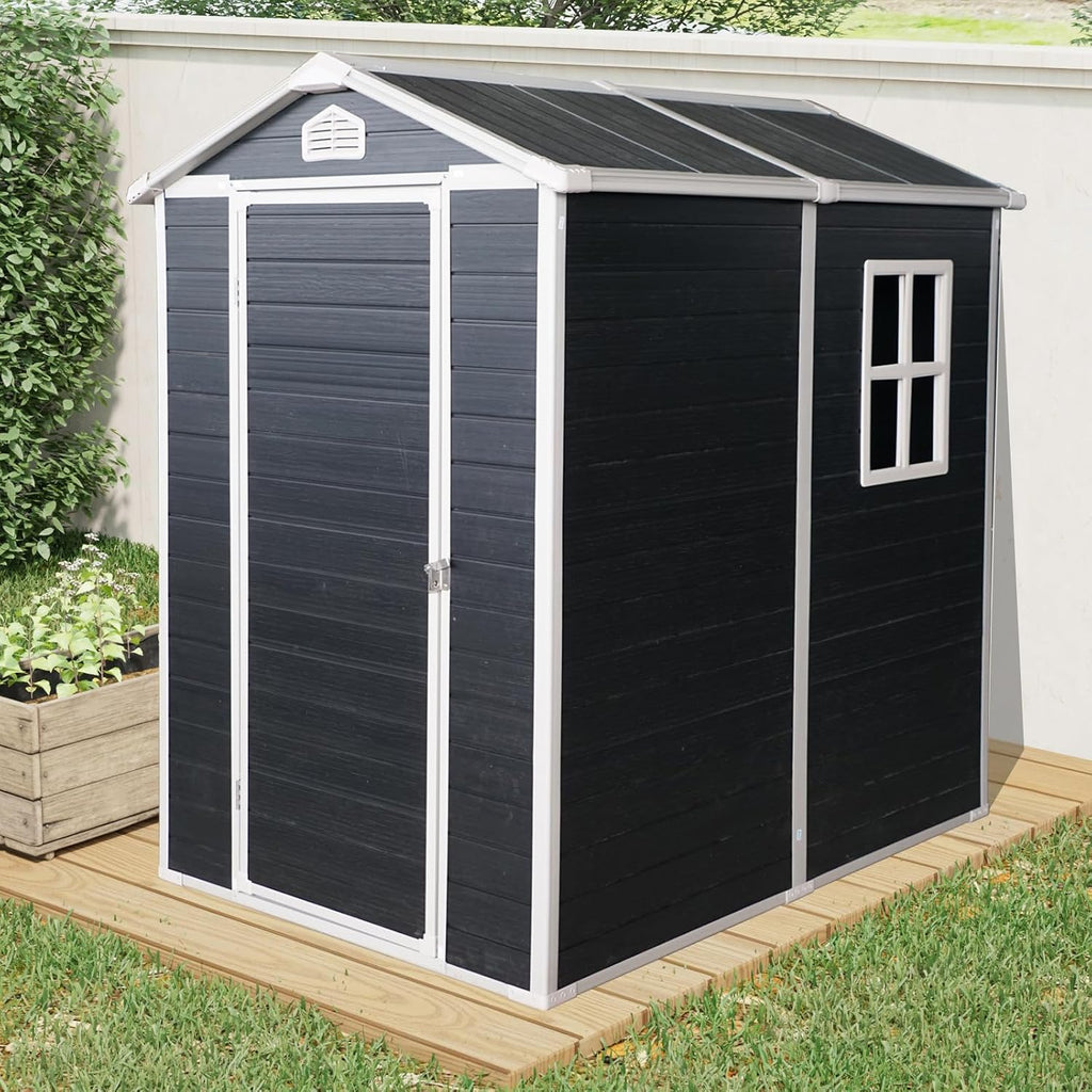 4x6 ft Outdoor Resin Storage Shed with Floor, Waterproof Plastic Garden Shed with Lockable Door and Windows, All-Weather Tool Sheds for Backyard, Patio, Lawn (Black)