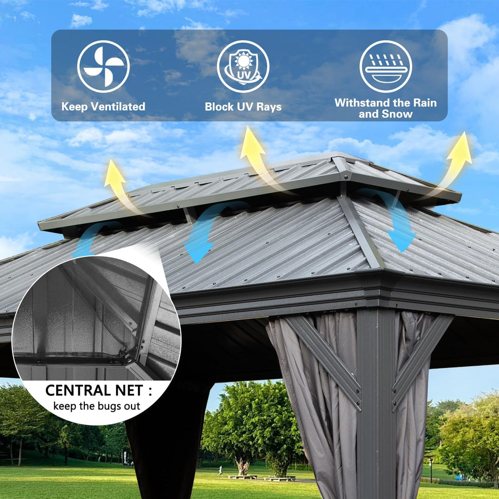 Domi Hardtop Gazebo 10x14FT, Outdoor Gazebo with Galvanized Steel Double Roof, Metal with Drainage System, Detachable Curtain and Netting, Metal Pavilion for Patio Deck Garden, Gray