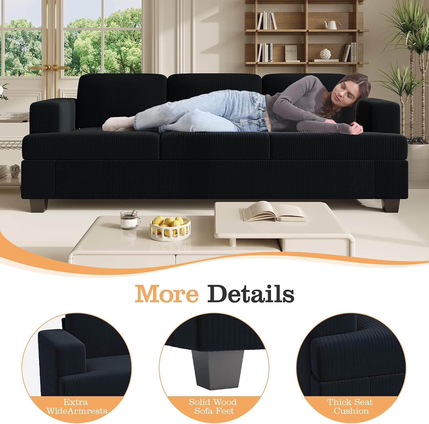 Apicizon Modern Loveseat & 3-Seater Sofa Set of 3, Corduroy Couch 3 Piece Sofa Set for Living Room, Modern Lounge Sofa Couches for Apartment Lounge, Black Corduroy