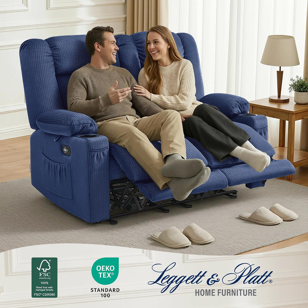 MCombo 55.9' Zero Gravity Power Loveseat Recliner with Heat and Vibration Massage, Reclining Loveseat Sofa with USB Ports, Cup Holders for Living Room, Fabric PR648SET (Navy Blue)