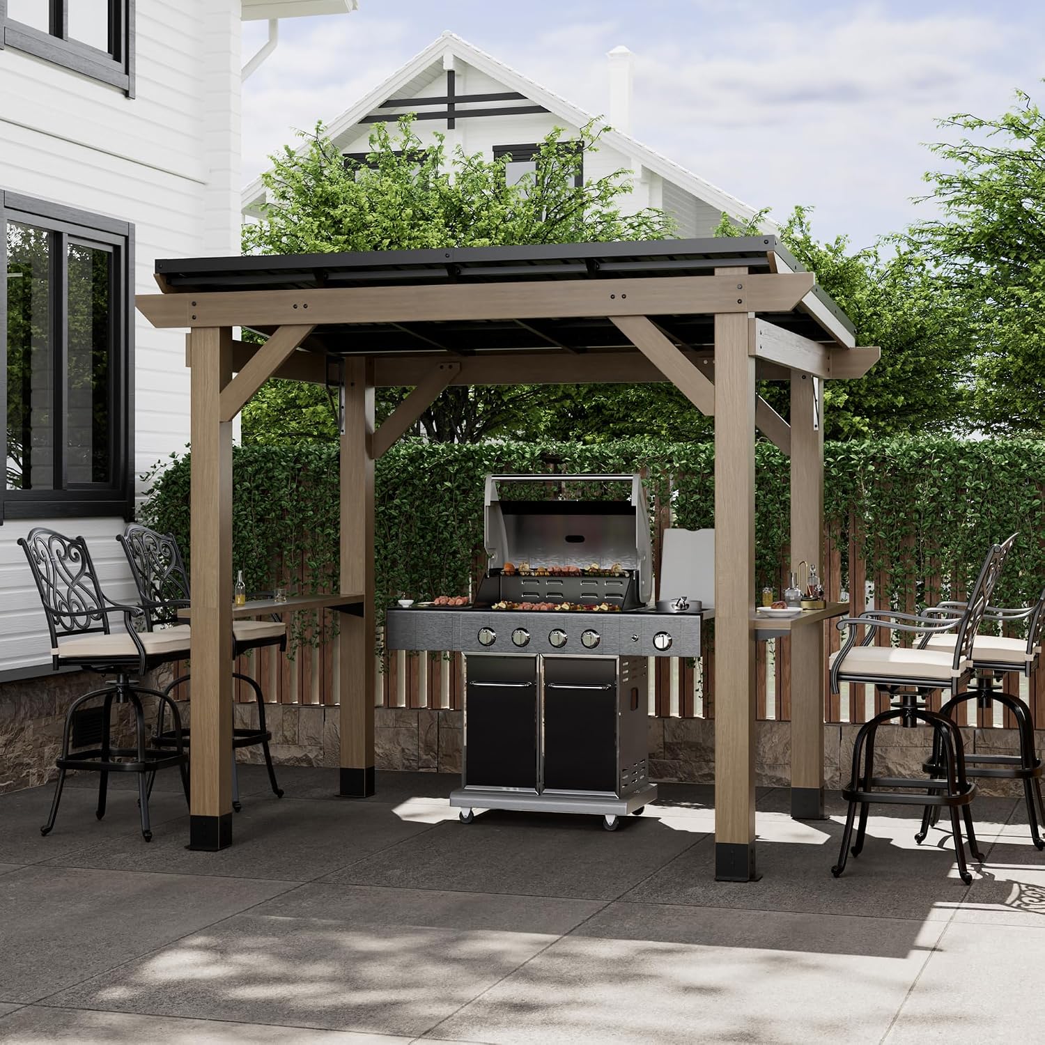8x6 FT Cedar Wood BBQ Grill Gazebo with Hardtop Steel Sloping Roof, Wooden Outdoor Gazebo Pergola with 2 Side Storage Shelves for Barbecue, Garden, Deck, Backyard