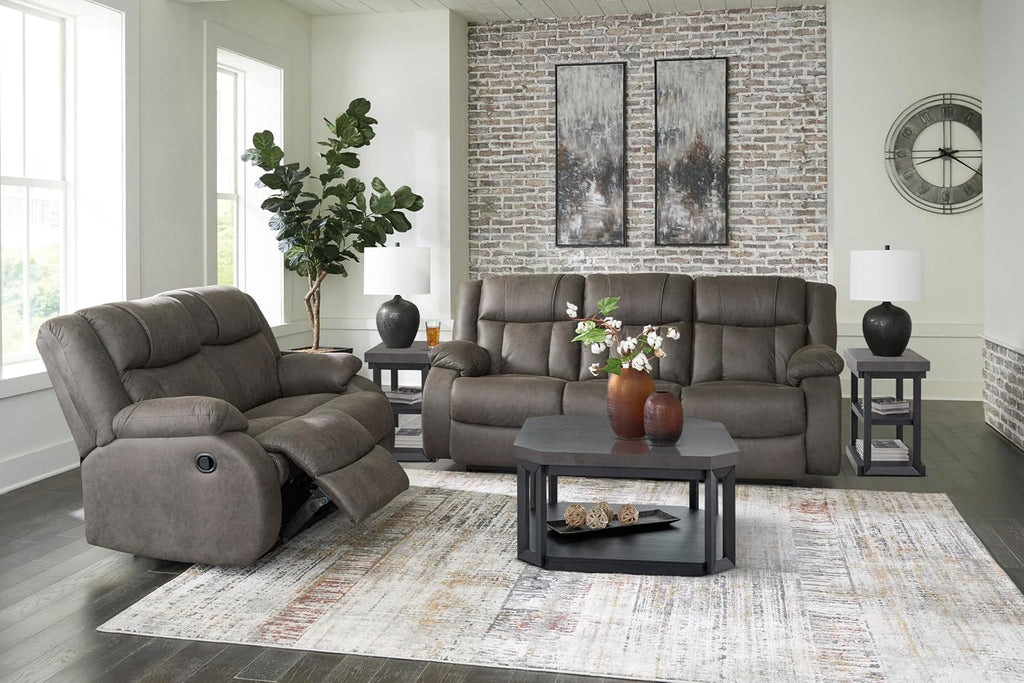Signature Design by Ashley First Base Contemporary Faux Leather Manual Reclining Loveseat, Gray