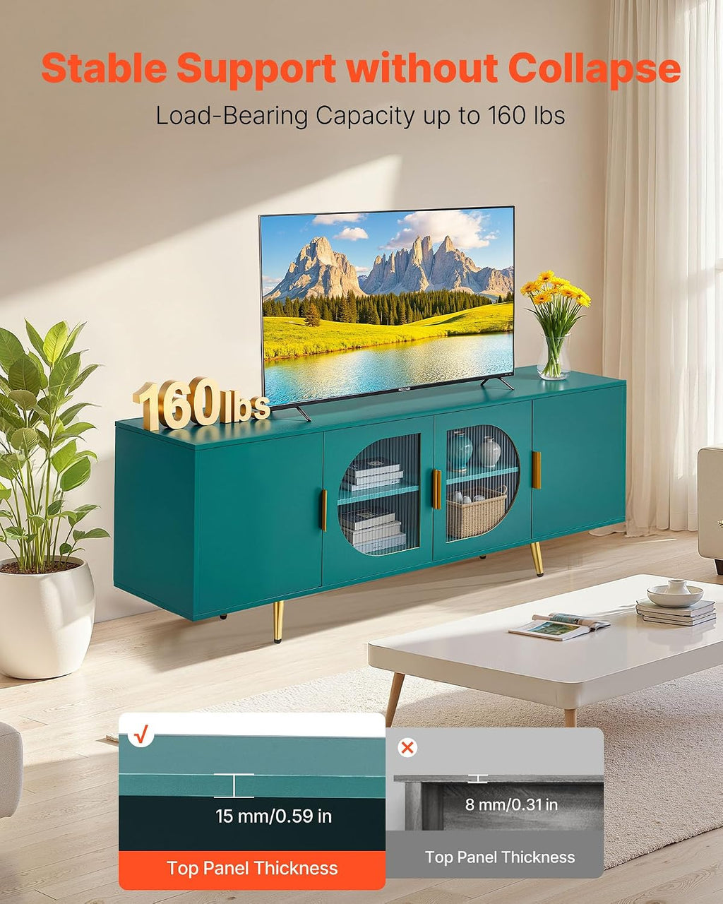 VEVOR TV Stand for TVs up to 75 inch, Modern Entertainment Center with Glass Doors and Gold Legs, TV Storage Cabinet with Adjustable Shelves, Wood Media Console for Living Room and Bedroom, Dark Green