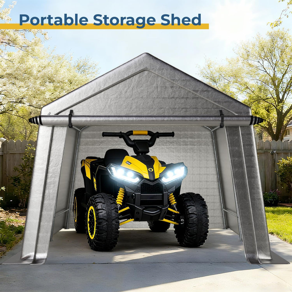 LINKHOO 10 x 10 FT Carport, Portable Shed w/220G Heavy Duty Waterproof PE Tarp, Roll-up Zipper Door & Vent, Weather-Resistant Storage Shed for Motorcycle, Bike and Tools, Gray