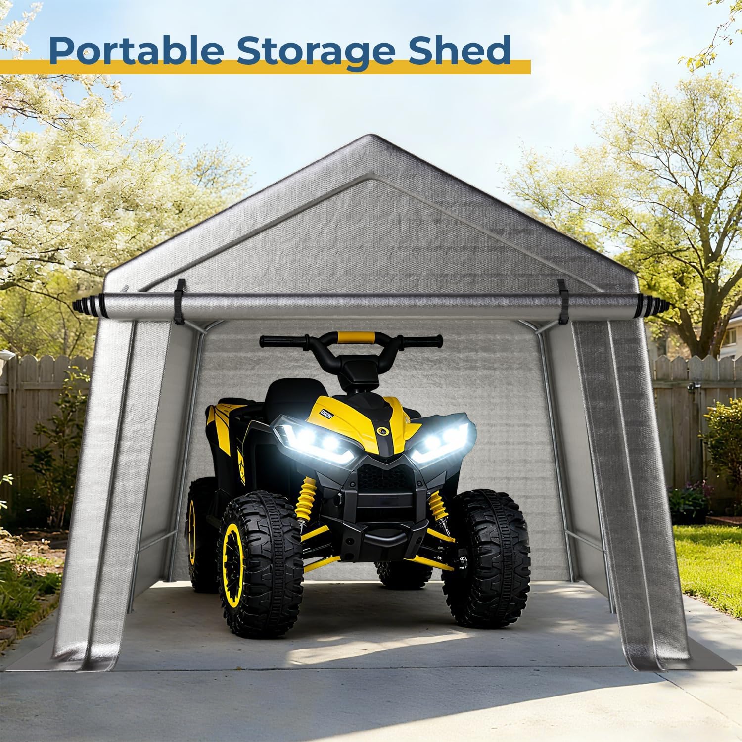 LINKHOO 10 x 10 FT Carport, Portable Shed w/220G Heavy Duty Waterproof PE Tarp, Roll-up Zipper Door & Vent, Weather-Resistant Storage Shed for Motorcycle, Bike and Tools, Gray