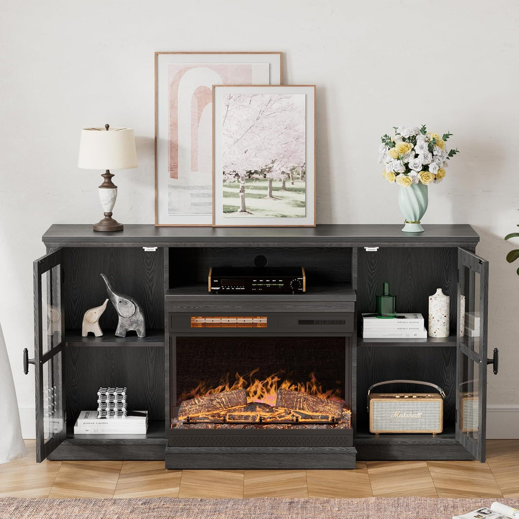 YESHOMY Glass Fireplace TV Stand for Televisions up to 65', Media Entertainment Center Console Table with Doors Closed Storage, Black