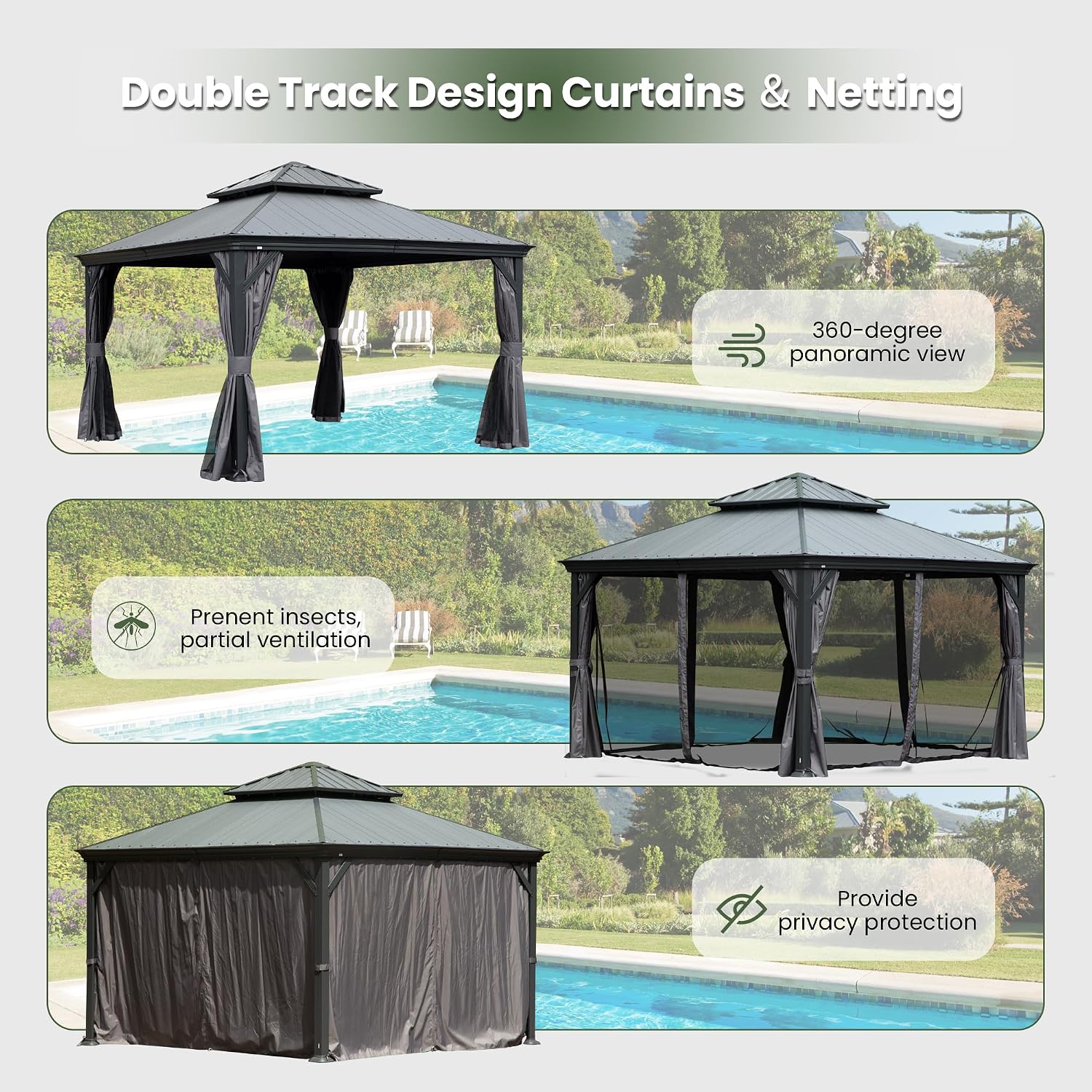 Domi 12' X 12' Hardtop Gazebo, Upgraded Metal Gazebo with Dual-Layer Resin Roof, Drainage System, Curtain and Netting, Outdoor Shelter Canopy for Patio, Garden, and Backyard, Grey