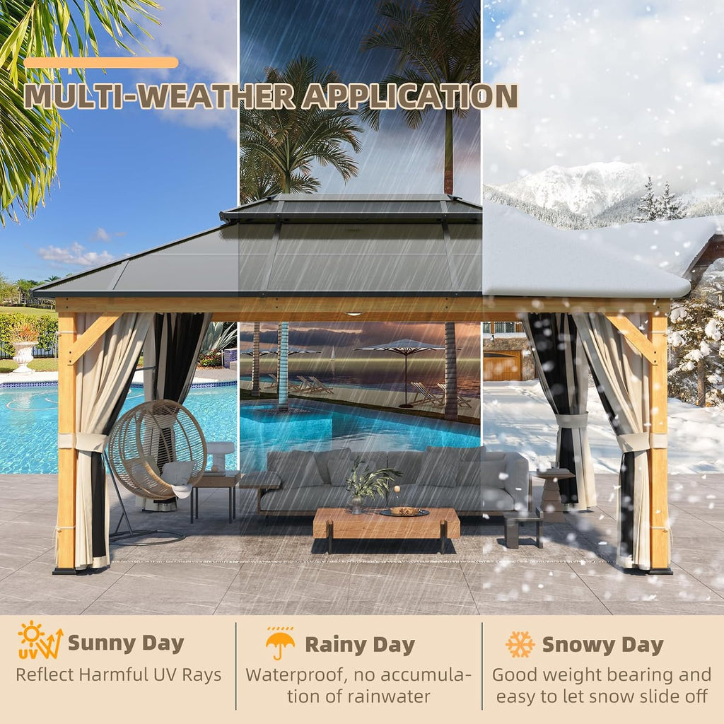 YOLENY 12'x16' Hardtop Gazebo Wood Outdoor Polycarbonate Double Roof, Netting and Curtains, Patio Gazebos for Decks, Backyards, Lawns and Gardens