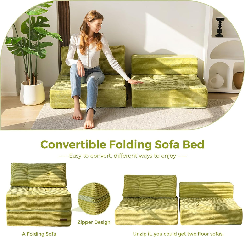 MAXYOYO Folding Sofa Bed, Convertible Sofa Bed with High-Density Support Foam, Portable 4 in 1 Fold Out Chair to Floor Lounger, Versatile Floor Couch for Living Room Bedroom, Green