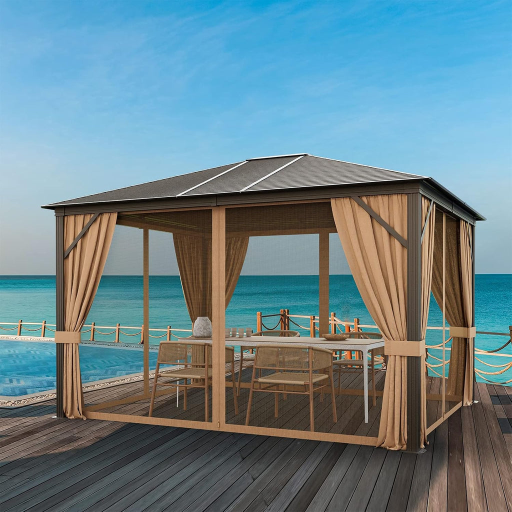 Tangkula 12x10 Ft Hardtop Gazebo, Double-Top Outdoor Gazebo with Galvanized Steel Top, Aluminum Frame, Patio Permanent Gazebo Pavilion with Netting and Curtains for Garden, Lawn, Backyard