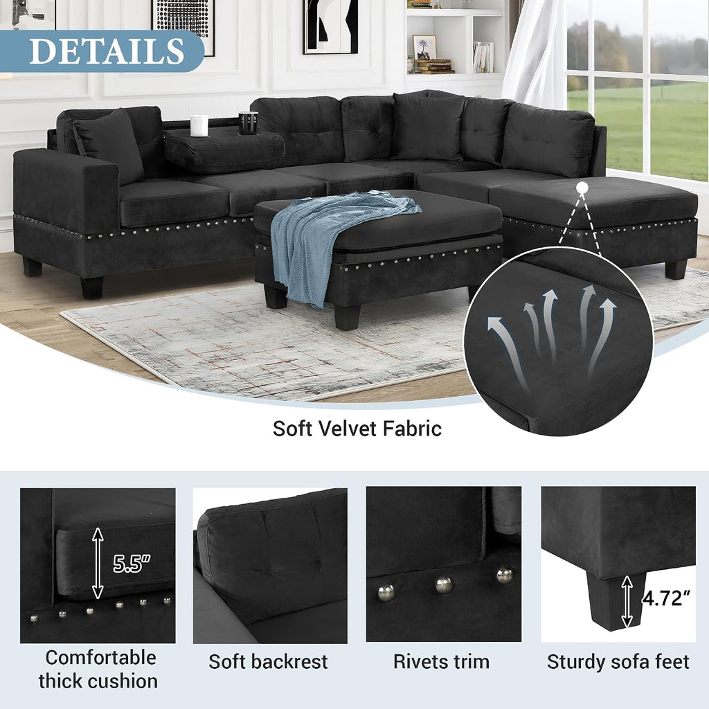 Merax Modern Sectional Sofa with Storage Ottoman, L Shaped Couch with 2 Pillows and 2 Cup Holders, Polyester Sectional Sofa with Reversible Chaise for Living Room, Home Office (Black)