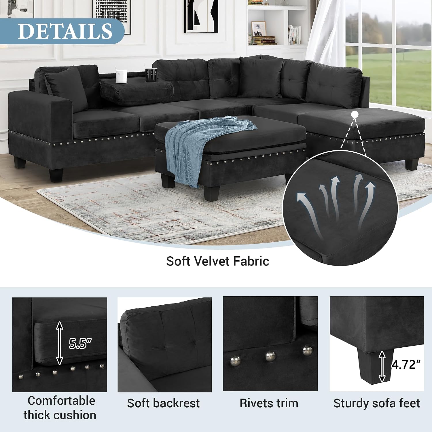 Merax Modern Sectional Sofa with Storage Ottoman, L Shaped Couch with 2 Pillows and 2 Cup Holders, Polyester Sectional Sofa with Reversible Chaise for Living Room, Home Office (Black)