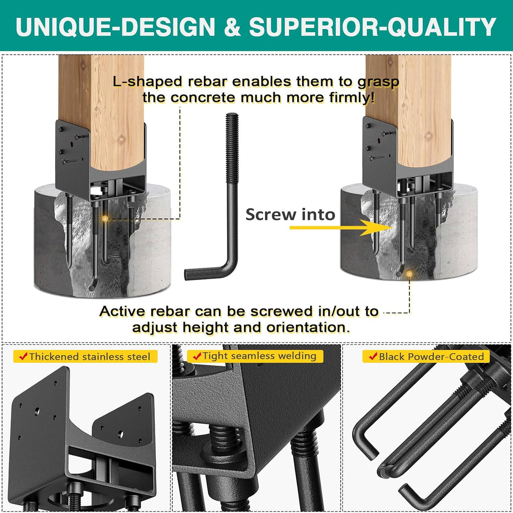 Heavy Duty Stainless Steel Post Base Anchor Bracket for 6'x6' Post with Air Flow Channel, U-Shaped Post Holder Bracket with Rebars for Concrete Foundation, Wood Gazebo, Pergola, 4Pack[Patent Pending]