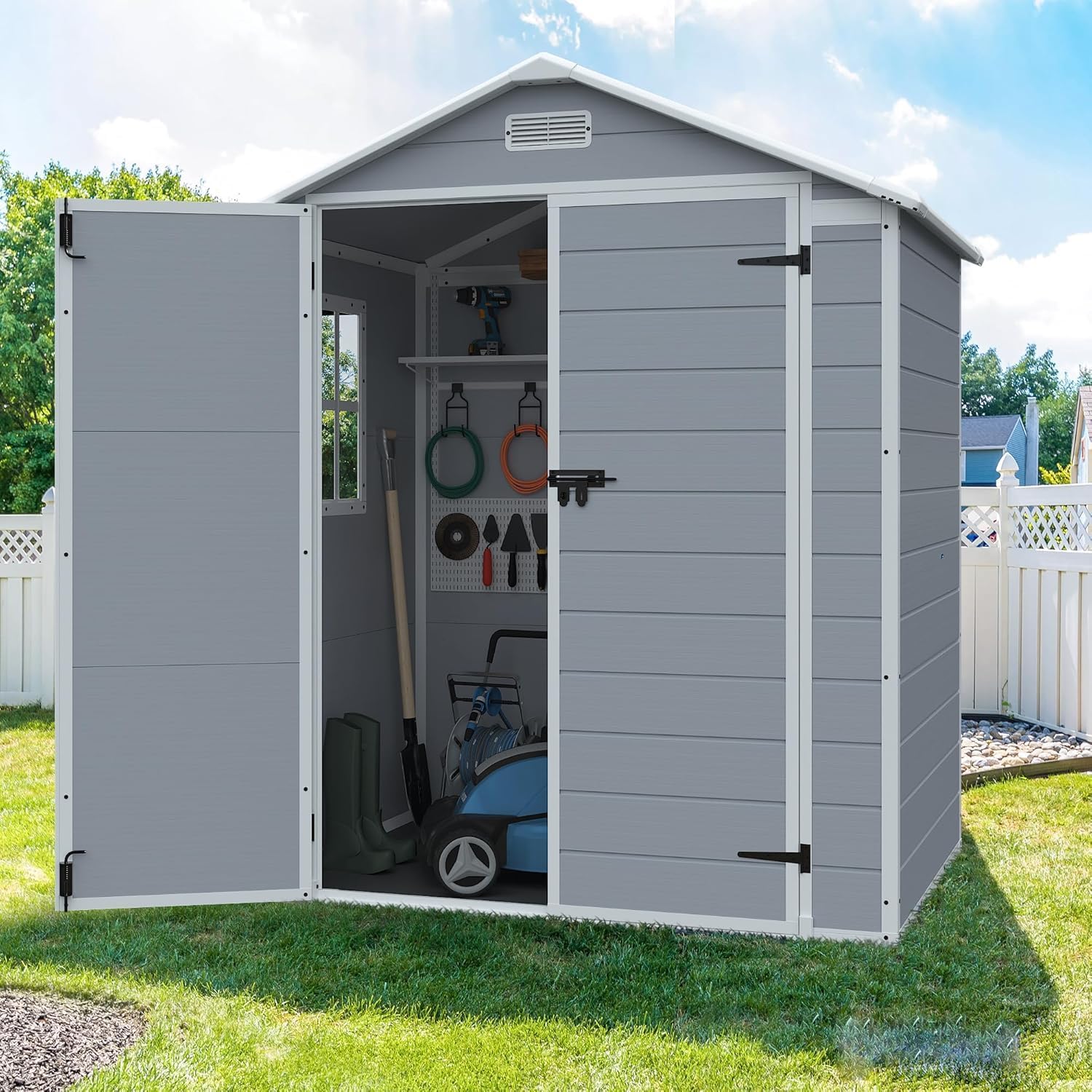 JUMMICO 6x4 FT Outdoor Storage Shed with Floor – Lockable Resin Garden Shed, Waterproof Plastic Tool Storage for Patio, Backyard & Lawn