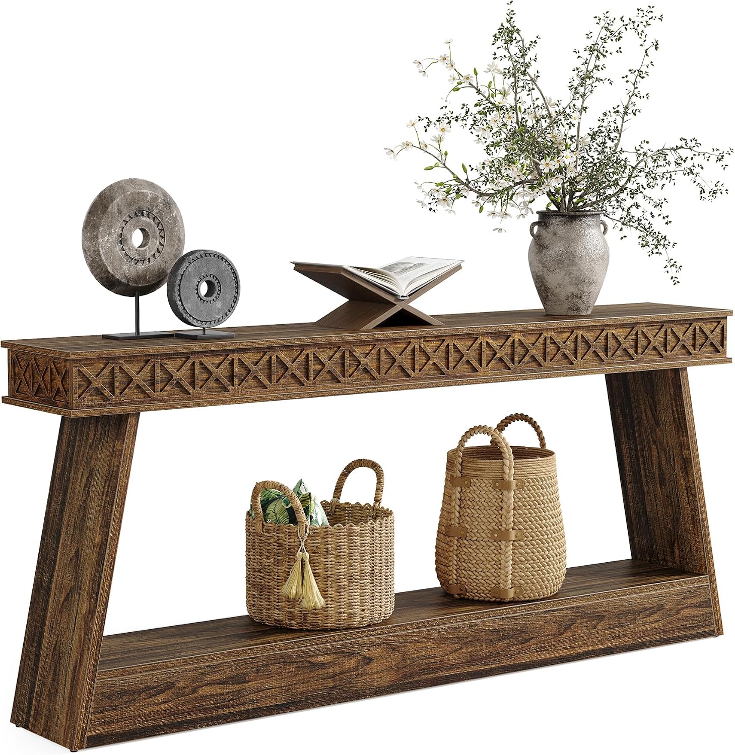 LITTLE TREE 70.87' Long Farmhouse Console Table, 2-Tier Shelf Narrow Accent Entryway Sofa Table for Living Room, Behind Couch, Hallway - Dark Brown