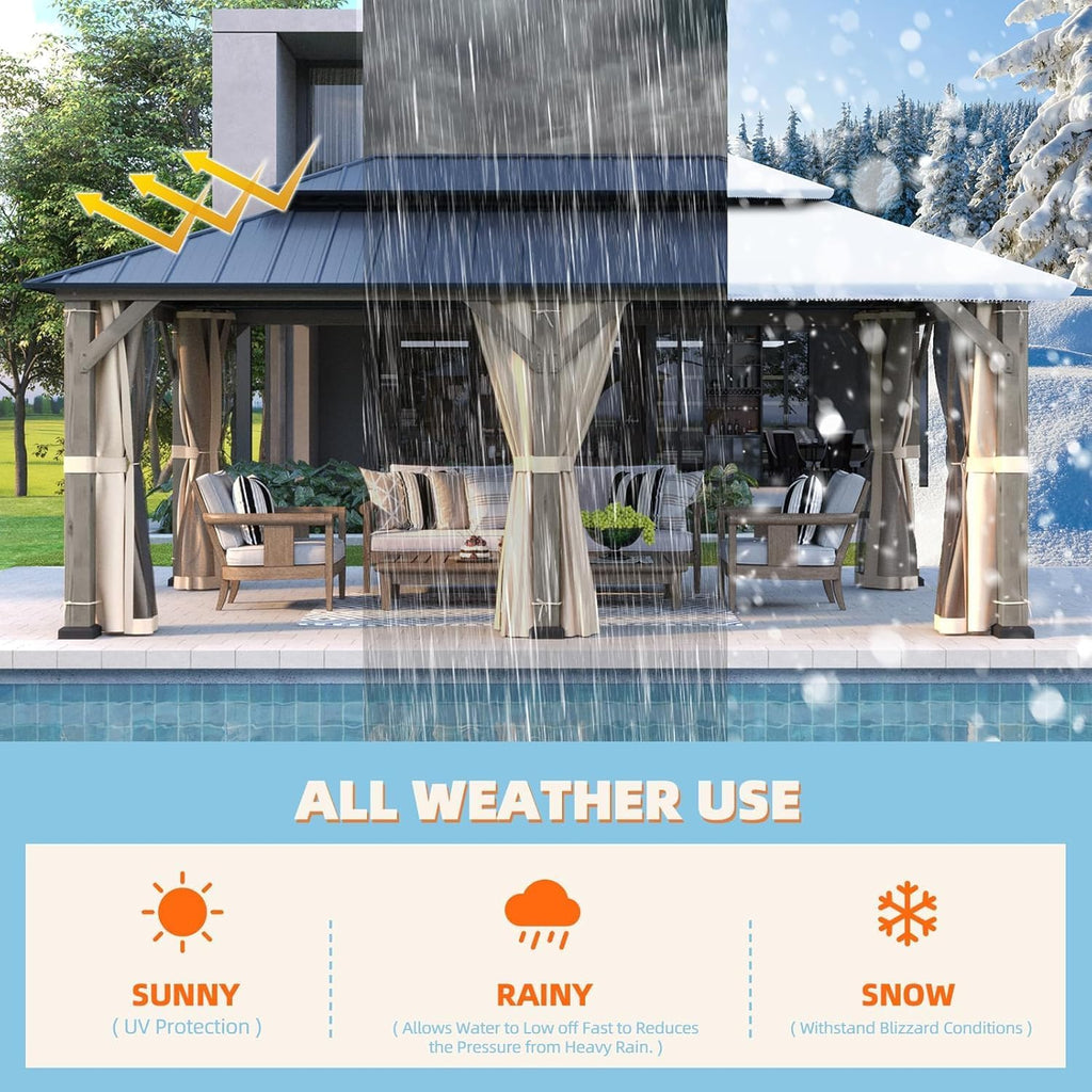 YOLENY 12' x 20' Outdoor Hardtop Gazebo, Cedar Wood Framed Gazebo with Powder Coated Metal Roof for Gardens, Patios, Lawns,Vintage Grey