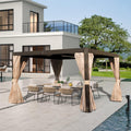 Domi Outdoor Living 10' x 13' Louvered Pergola with Adjustable Rainproof Roof, Outdoor Aluminum Frame Hardtop Gazebo for Backyard, Garden and Lawn w/Netting (Dark Brown)