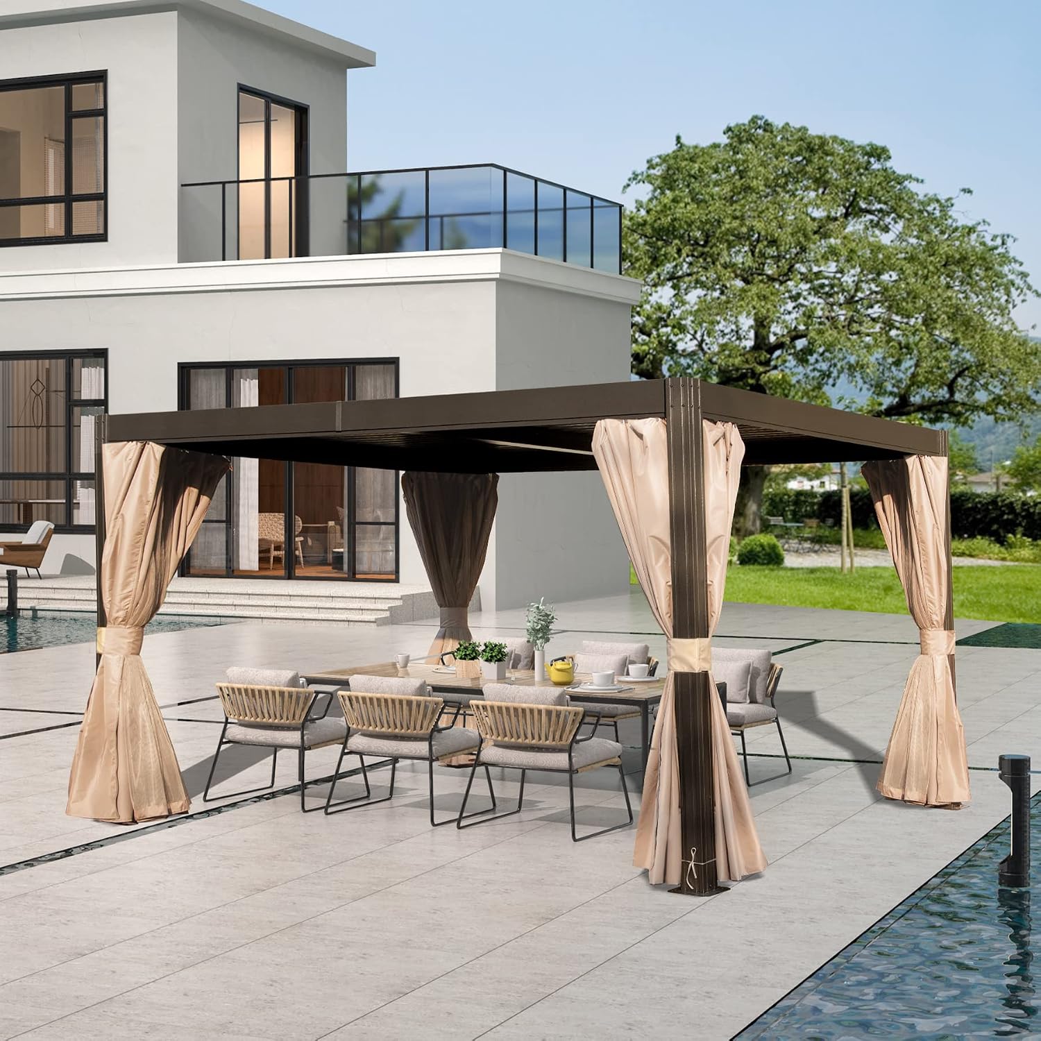 Domi Outdoor Living 10' x 13' Louvered Pergola with Adjustable Rainproof Roof, Outdoor Aluminum Frame Hardtop Gazebo for Backyard, Garden and Lawn w/Netting (Dark Brown)