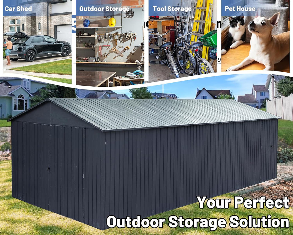 12x25FT Metal Carport, Heavy Duty Metal Garage with 2 Lockable Doors, Metal Steel Storage Shed, Metal Shed, Car Garage, Outdoor Large Garage for RV, Truck & Lawnmower -Dark Grey