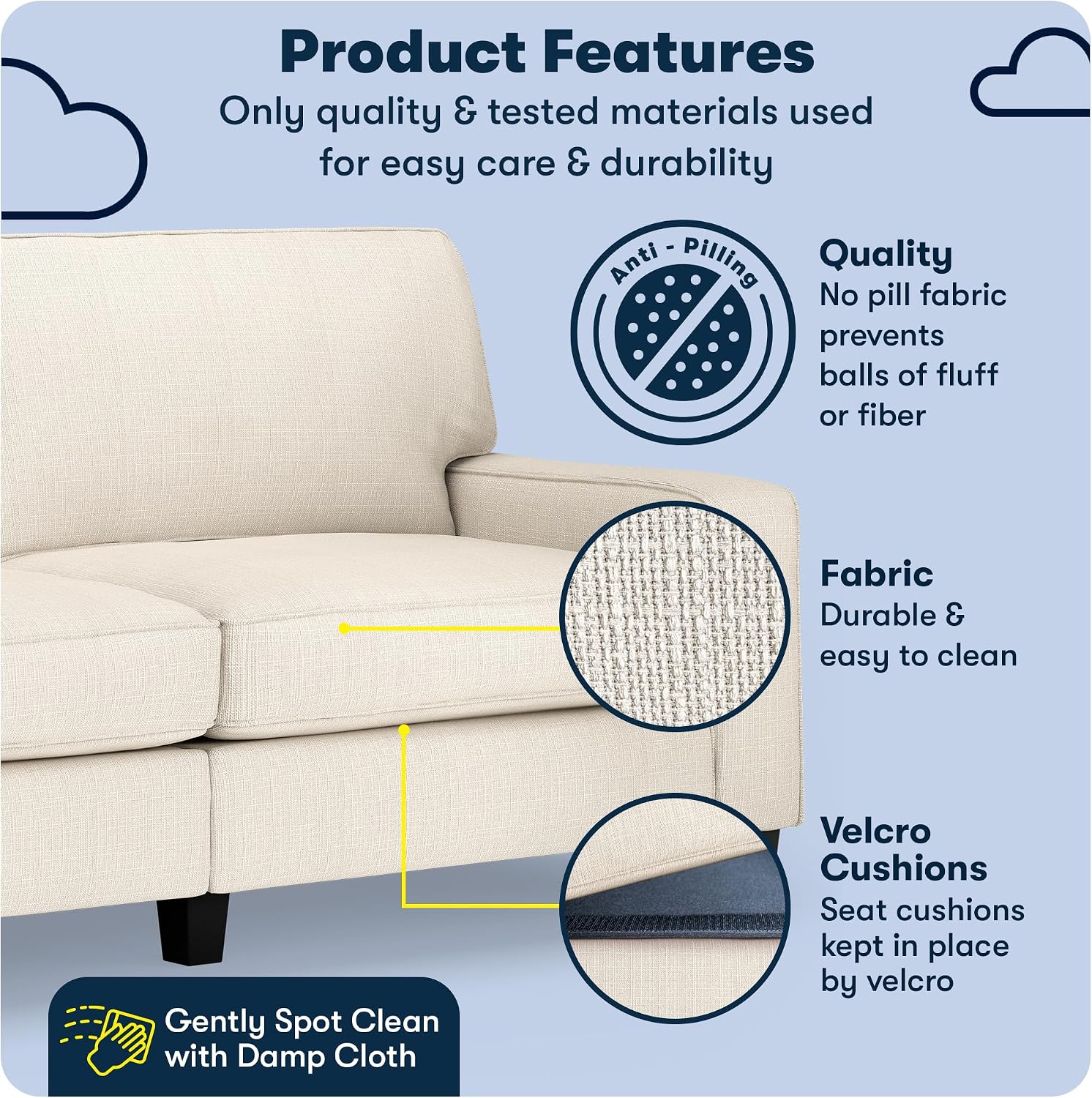 Serta Palisades 78' Track Arm Sofa, Easy Care Polyester, Soft Pillow Back, Pocket Coil Seat Cushions, Removable Covers, Loveseat or Couch for Small Spaces, Living Rooms or Bedrooms, Buckwheat Beige