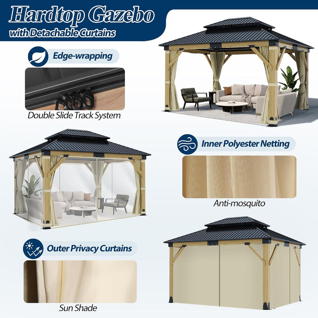 COVERONICS 11FT x 13FT Outdoor Wood Gazebo - Patio Wooden Gazebo with Galvanized Steel Hardtop, Heavy-Duty Double Roof Gazebos with Netting & Curtains for Garden, Poolside, Deck, Backyard