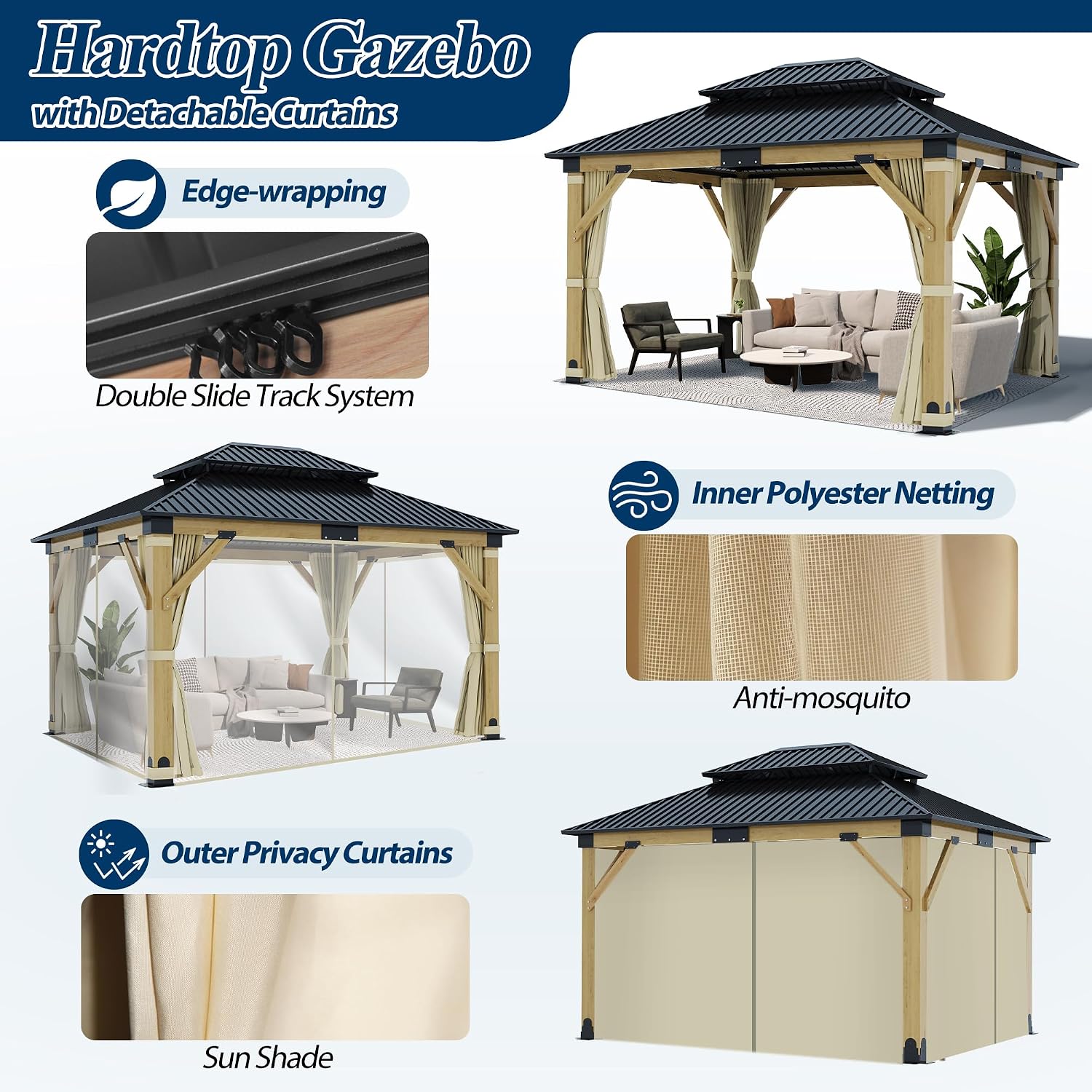 COVERONICS 11FT x 13FT Outdoor Wood Gazebo - Patio Wooden Gazebo with Galvanized Steel Hardtop, Heavy-Duty Double Roof Gazebos with Netting & Curtains for Garden, Poolside, Deck, Backyard