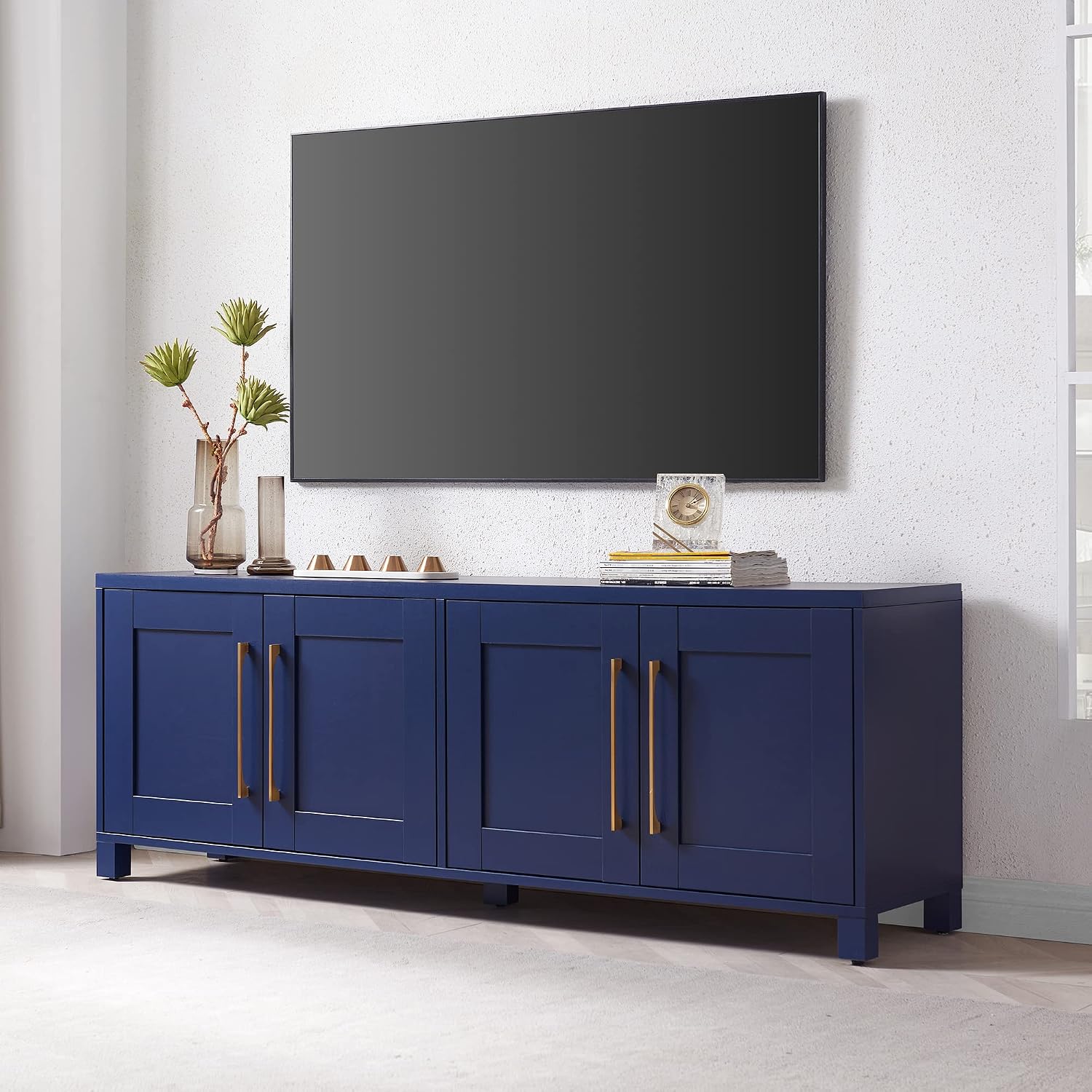 Henn&Hart TV Stand for TVs up to 75' with 2 Concealed Storage Cabinets with an Adjustable Shelf for Living Room, Family Room, or Office, Navy