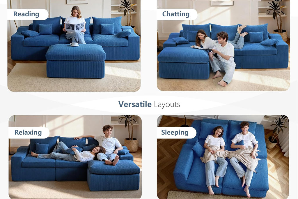 HABUTWAY 104' L Shaped Cloud Sectional Couch, Boneless Modular Sectional Sofa with Deep Seat, Corduroy Couches for Living Room, Modular Couch, No Assembly Required (Blue)