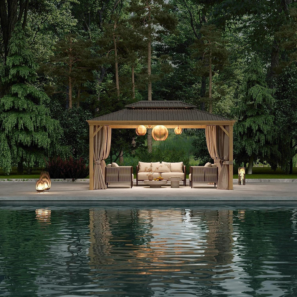 10x12ft Hardtop Gazebo, Wooden Finish Coated Aluminum Frame Canopy with Galvanized Steel Double Roof, Outdoor Permanent Metal Pavilion with Curtains & Netting for Garden, Brown (Wooden 10x12 Ft)