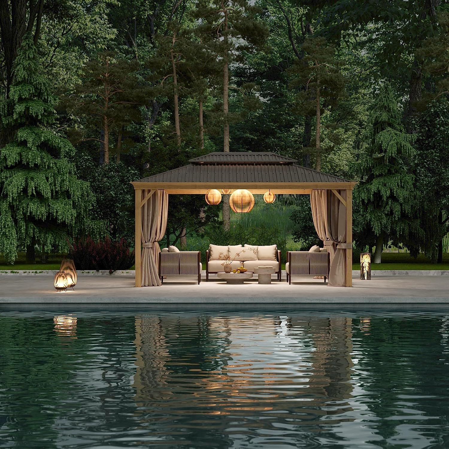 10x12ft Hardtop Gazebo, Wooden Finish Coated Aluminum Frame Canopy with Galvanized Steel Double Roof, Outdoor Permanent Metal Pavilion with Curtains & Netting for Garden, Brown (Wooden 10x12 Ft)