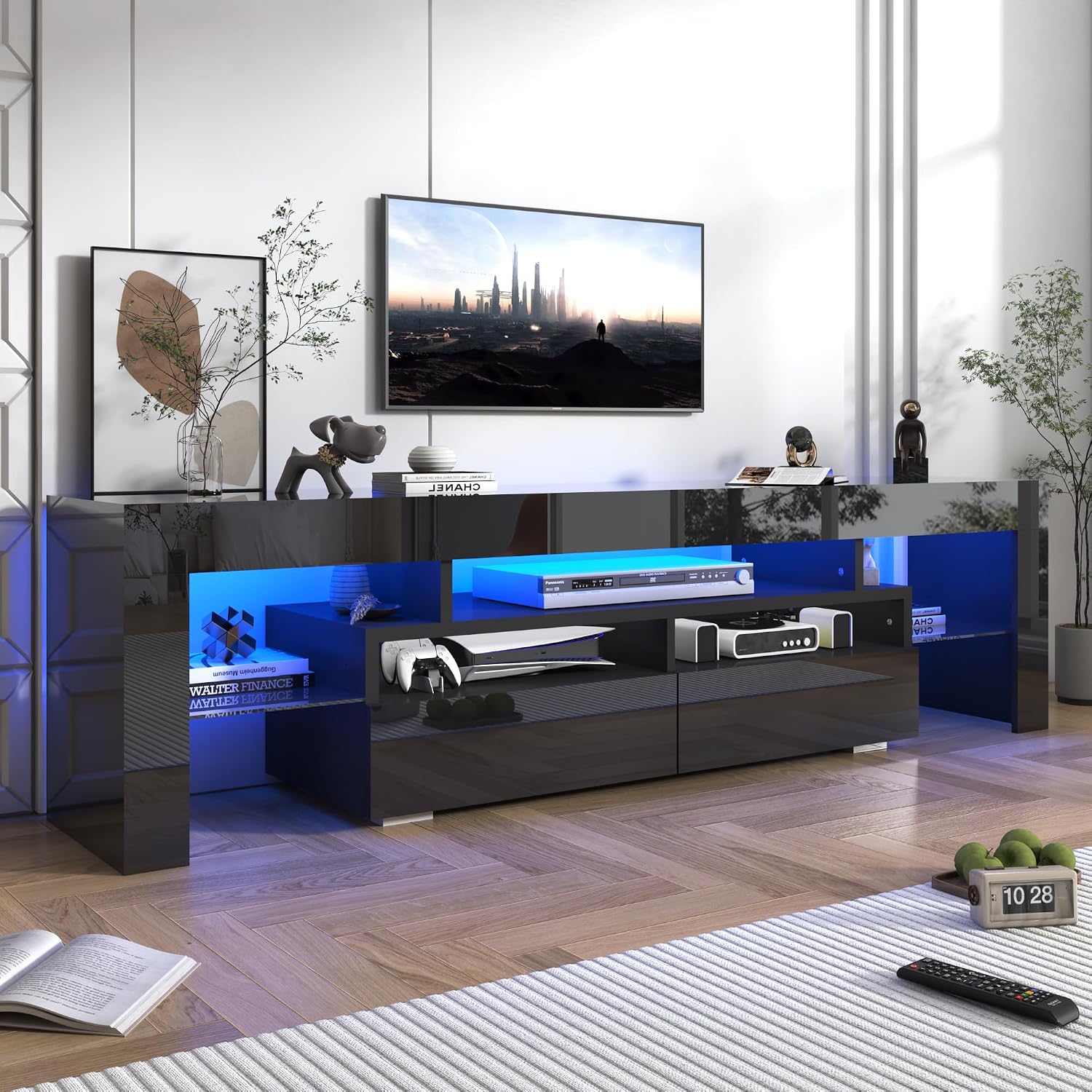 Squireewo TV Stand with 16 Color LED Lights, Media Console with Drawer and Glass Open Shelf for 65/75/85 inch TV, Modern Gloss Entertainment Center for Living Room Bedroom, Black
