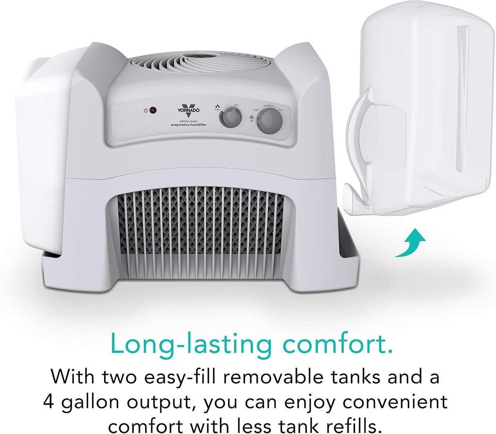 Vornado Evap40 Evaporative Humidifier with Adjustable Humidistat, 4-Gallon Capacity for Large Room Coverage up to 1,000 sq ft, 3 Speed Settings, Easy to Clean Dual Tank