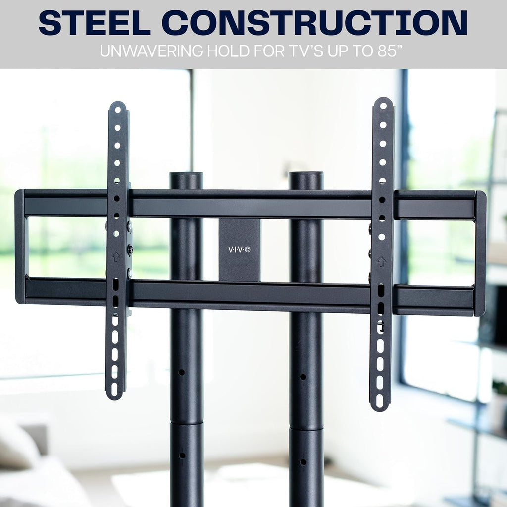 VIVO Dual-Column TV Floor Stand for 32' to 85' Screens with Heavy Duty Base, Tilting Mount with 5 Set Height Adjustments, Black and Dark Walnut, STAND-TV85JS