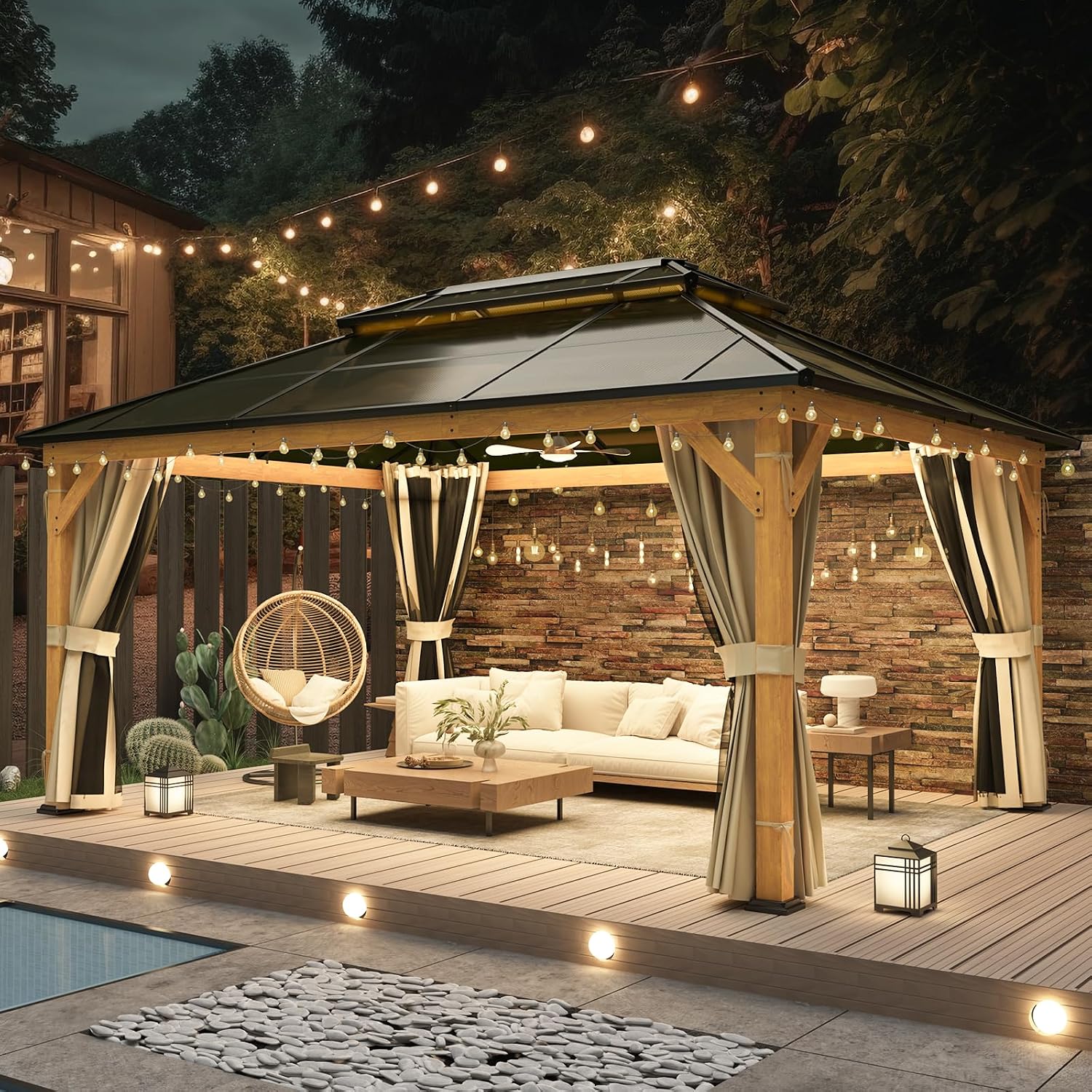 YOLENY 12'x16' Hardtop Gazebo Wood Outdoor Polycarbonate Double Roof, Netting and Curtains, Patio Gazebos for Decks, Backyards, Lawns and Gardens