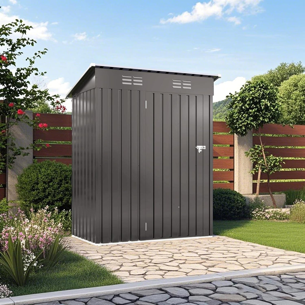 5x3 FT Metal Outdoor Storage Shed, Compact Garden Tool Organizer with Pitched Roof and Lockable Door, Weather-Resistant Small Metal Shed for Backyard, Patio, Balcony and Bike Storage, Gray