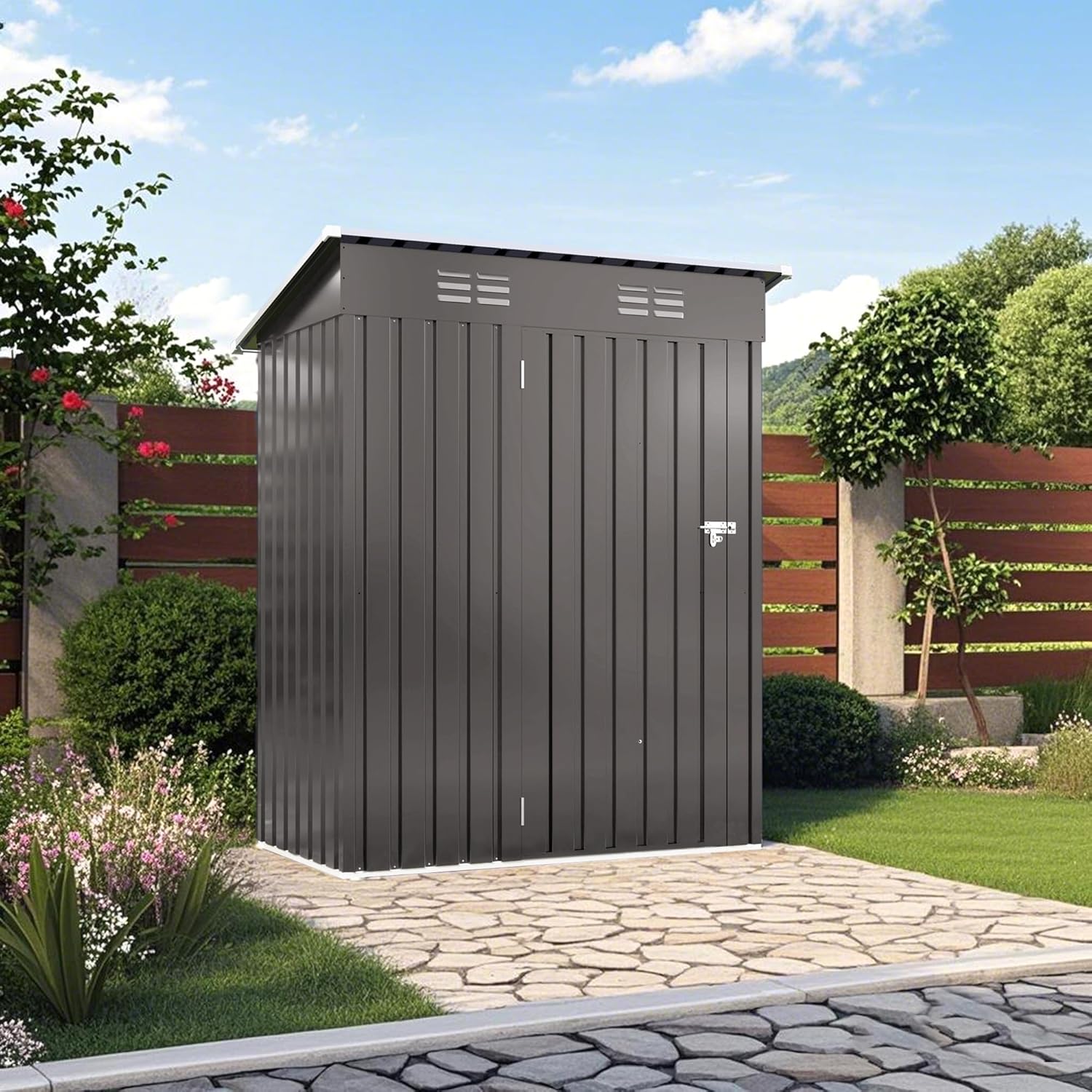 5x3 FT Metal Outdoor Storage Shed, Compact Garden Tool Organizer with Pitched Roof and Lockable Door, Weather-Resistant Small Metal Shed for Backyard, Patio, Balcony and Bike Storage, Gray