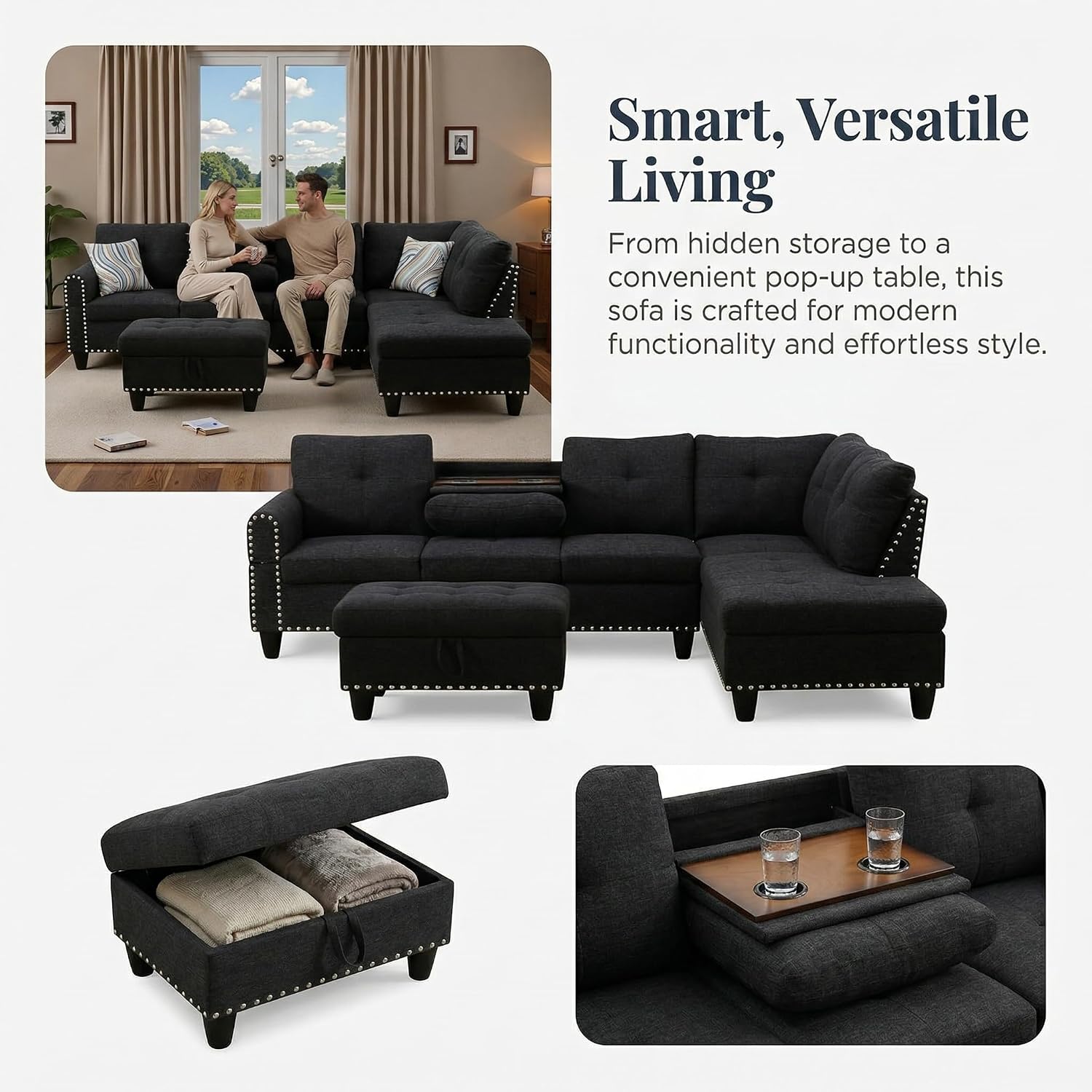 97.5' L Shaped Couch Set Linen, Modular Sectional Couches for Living Room with Storage Ottoman, 4 Seat Home Sofa Living Room Furniture Sets with Chaise for Apartment Office (Black Grey)