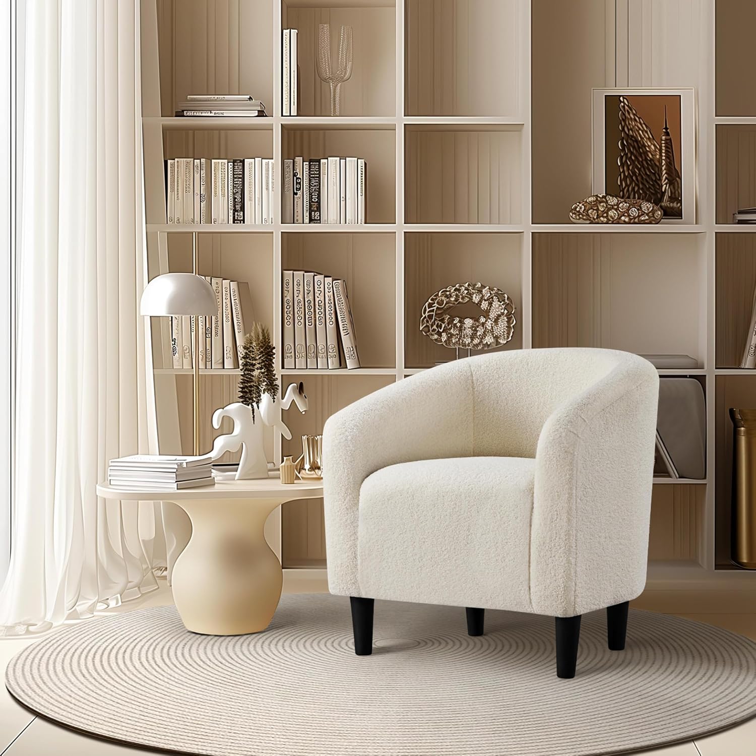 Yaheetech Accent Barrel Chair, Boucle Fabric Club Chair, Furry Sherpa Elegant Armchair with Cozy Soft Padded, Suitable for Living Room Bedroom Reception Room Office, Ivory