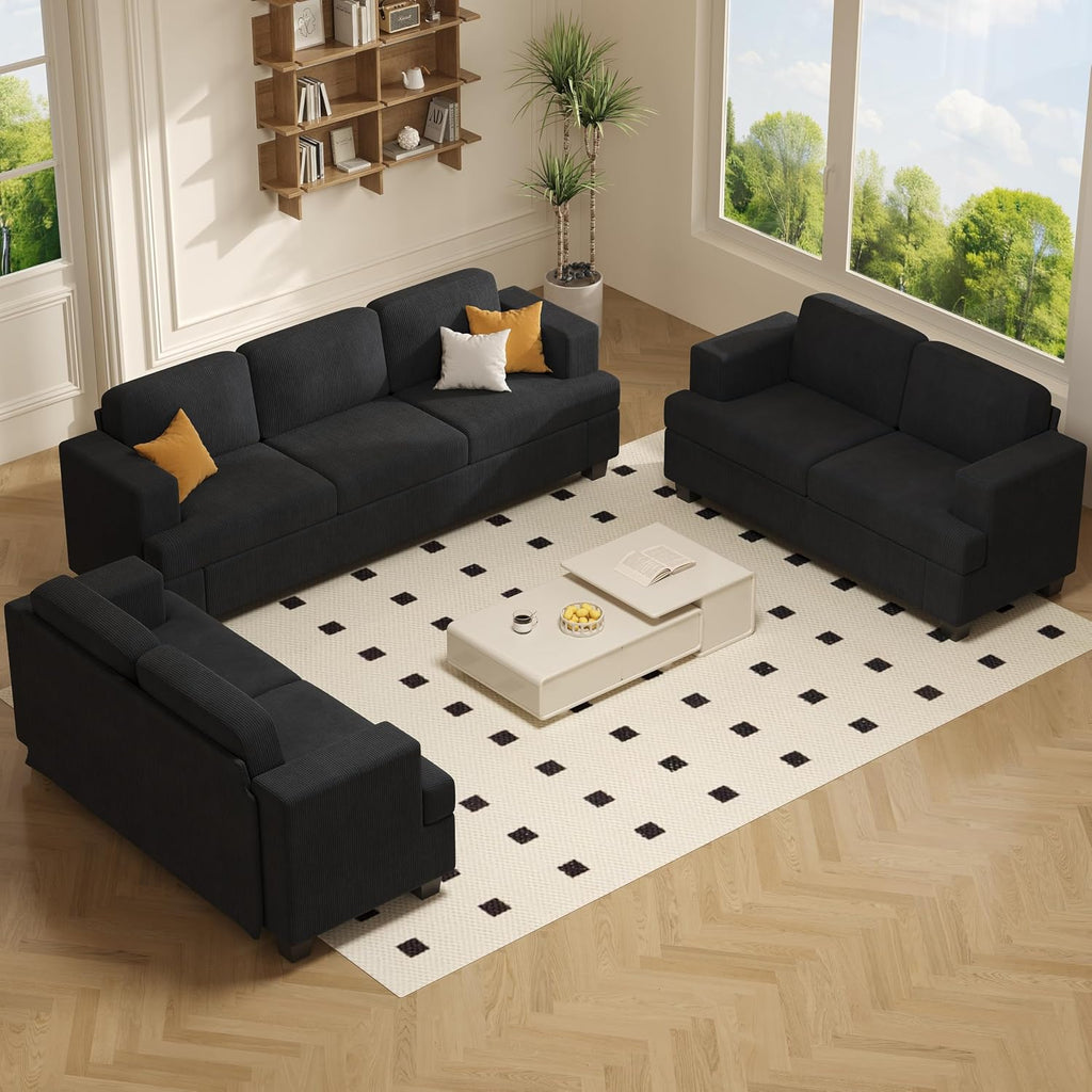 Apicizon Modern Loveseat Set of 2 & 3-Seater Sofa, Corduroy Couch 3 Piece Sofa Set for Living Room, Modern Lounge Sofa Couches for Apartment Lounge, Black