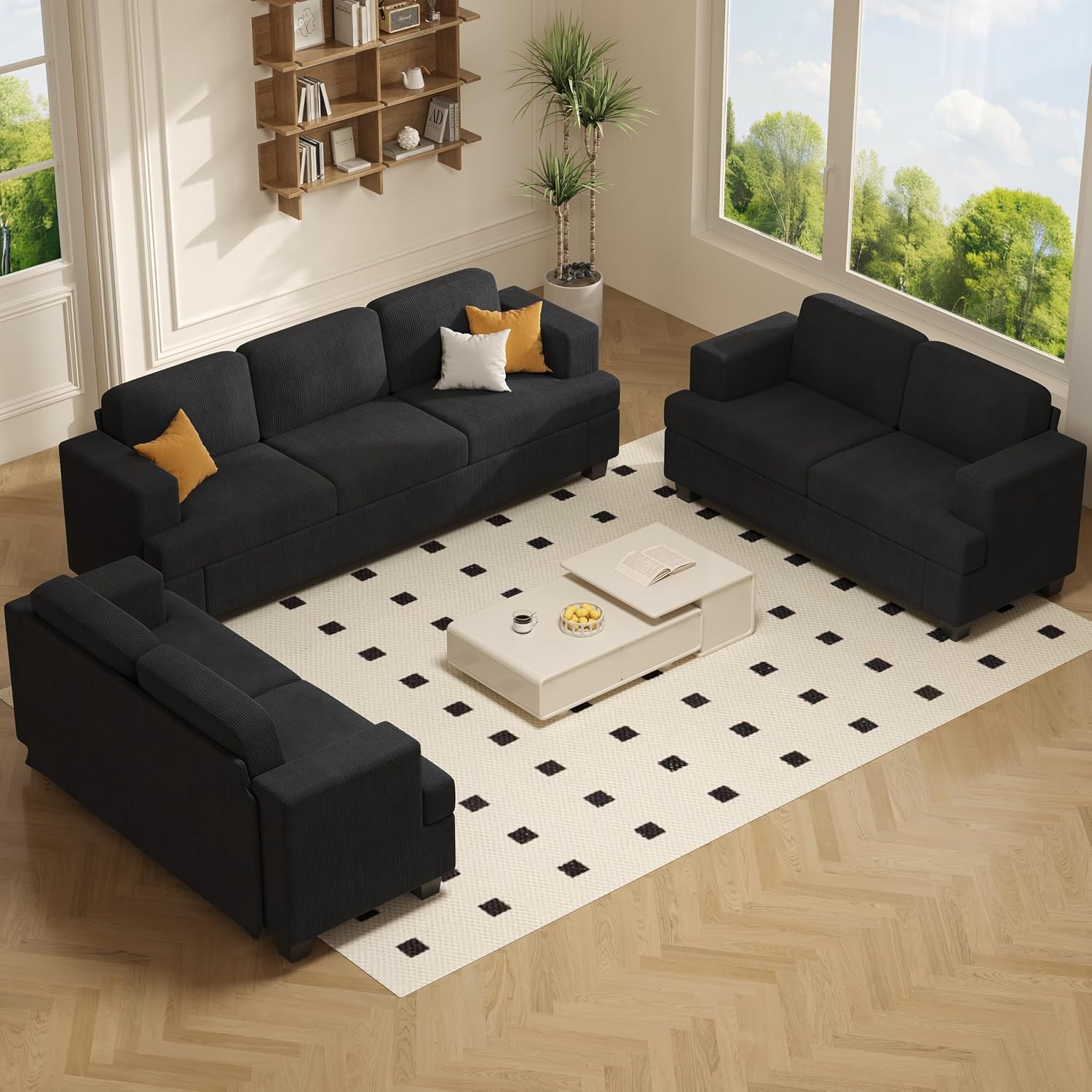 Apicizon Modern Loveseat Set of 2 & 3-Seater Sofa, Corduroy Couch 3 Piece Sofa Set for Living Room, Modern Lounge Sofa Couches for Apartment Lounge, Black